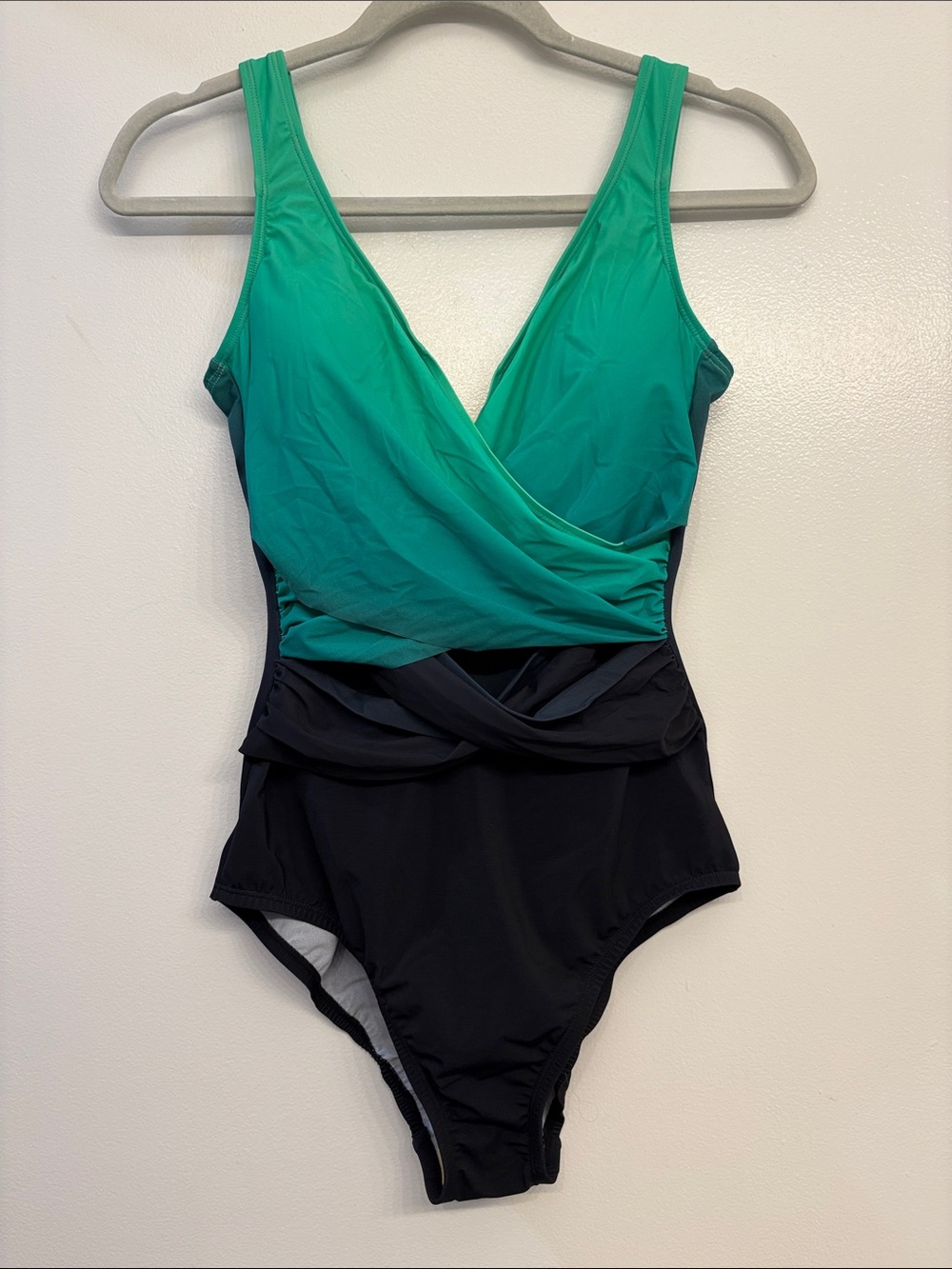 Green Ombre V-Neck One-Piece Swimsuit with Black Skirted Waist
